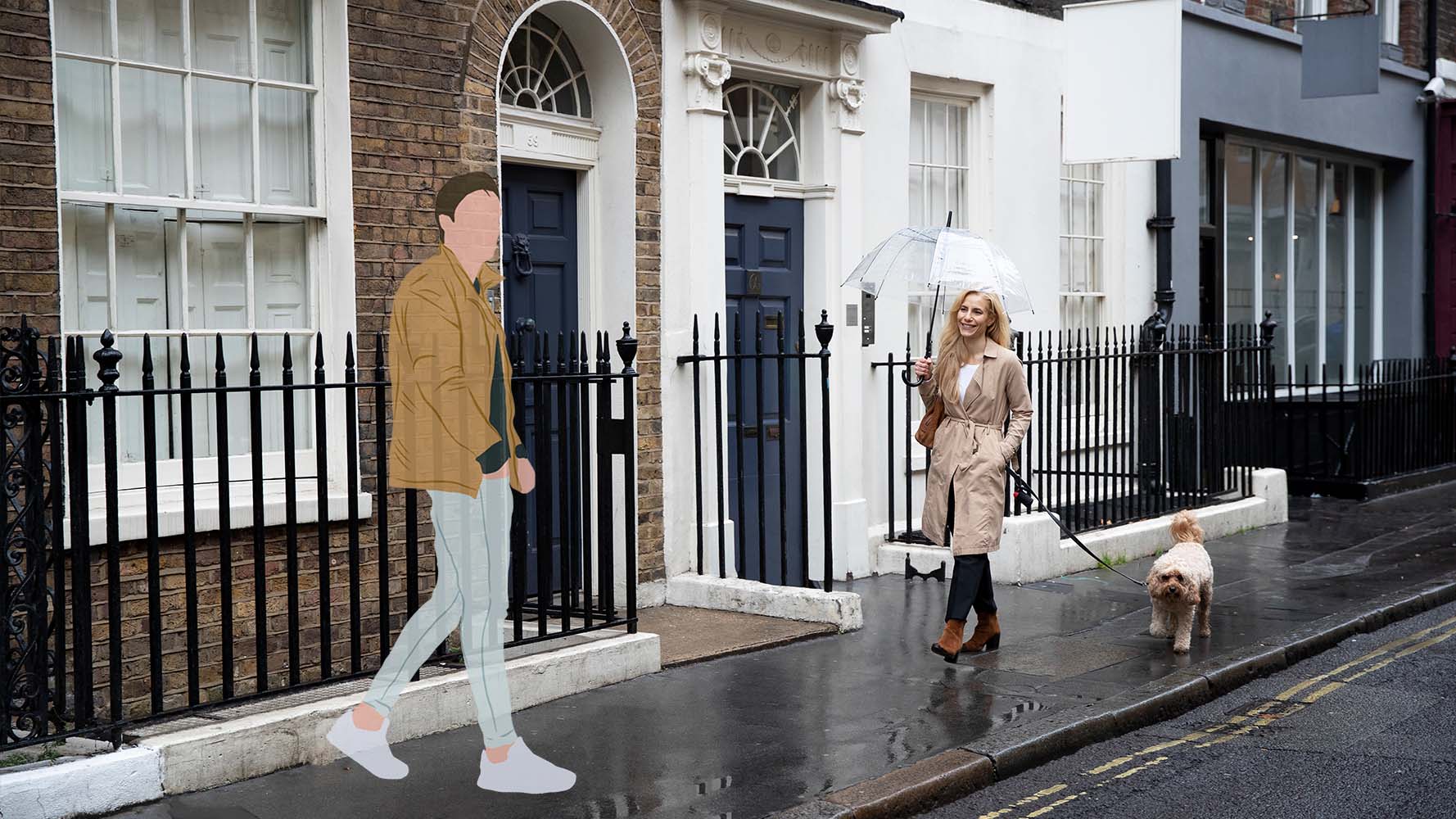 Image of a city street, with cartoonish people on the pavement to illustrate what a person with CBS might experience